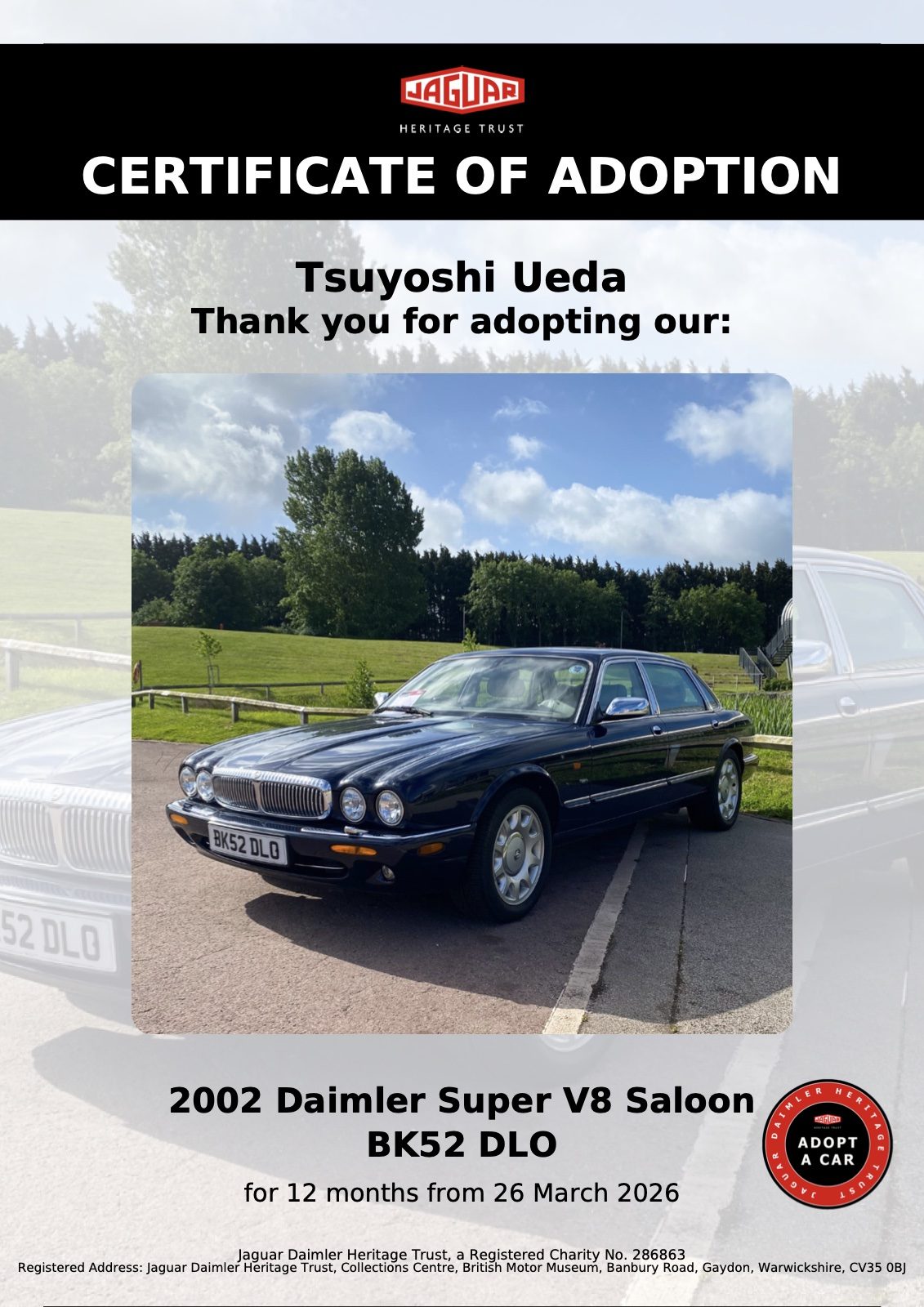 里親証明書。2002 Daimler Super V8 Saloon（BK52 DLO）